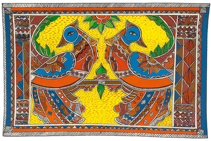 Traditional Authentic Indian Painting Abstract Design Indian Birds Multi Colour Painting Only Madhubani artwork on Paper