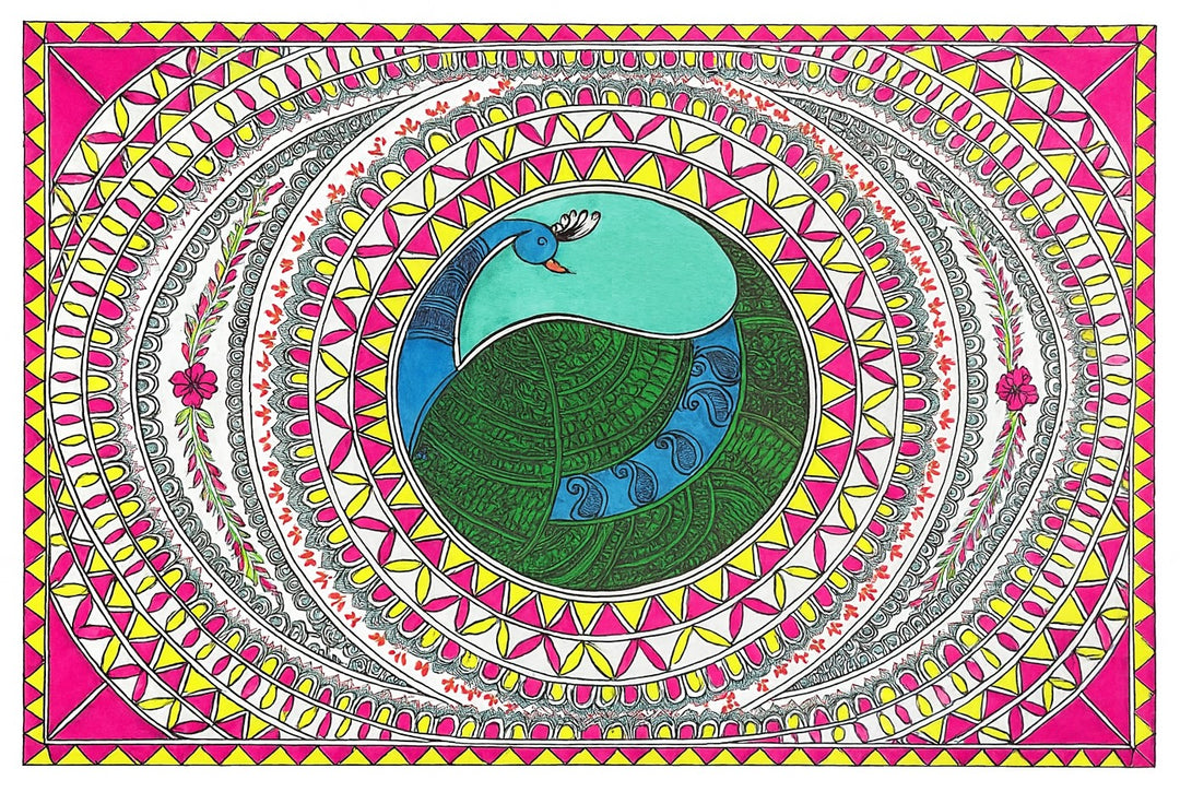 Traditional Authentic Indian Painting Abstract Design Indian Pink Peacock Multi Colour Painting Only Madhubani artwork on Paper