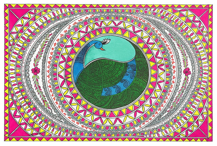 Traditional Authentic Indian Painting Abstract Design Indian Pink Peacock Multi Colour Painting Only Madhubani artwork on Paper