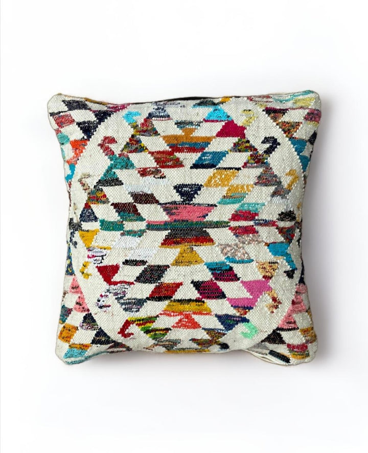 Large Kilim Floor Cushion Cream Rainbow Geometric Design 70 x 70 cm