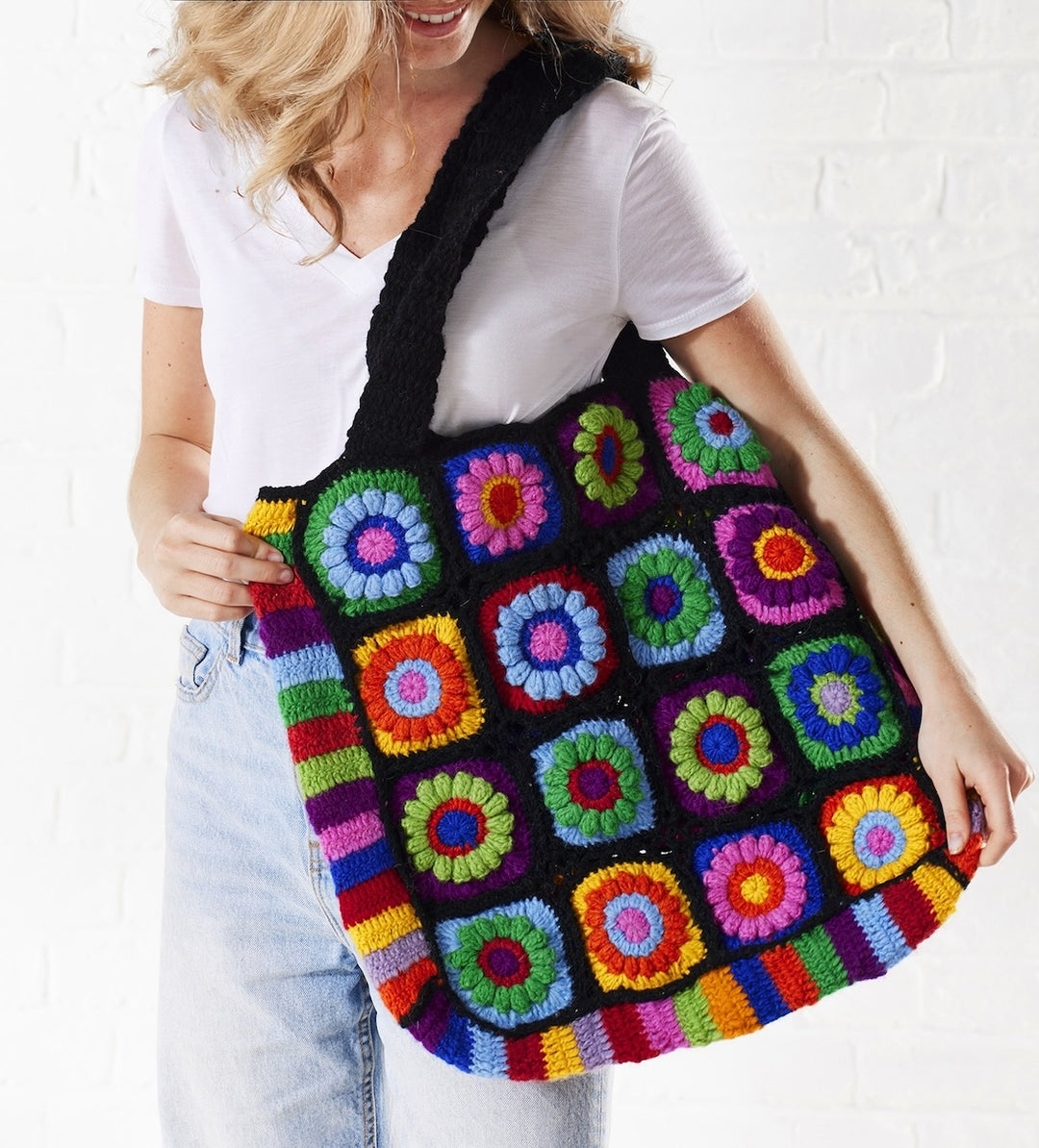 Wool Crochet Rainbow Black Bag 46 cm x 44 cm