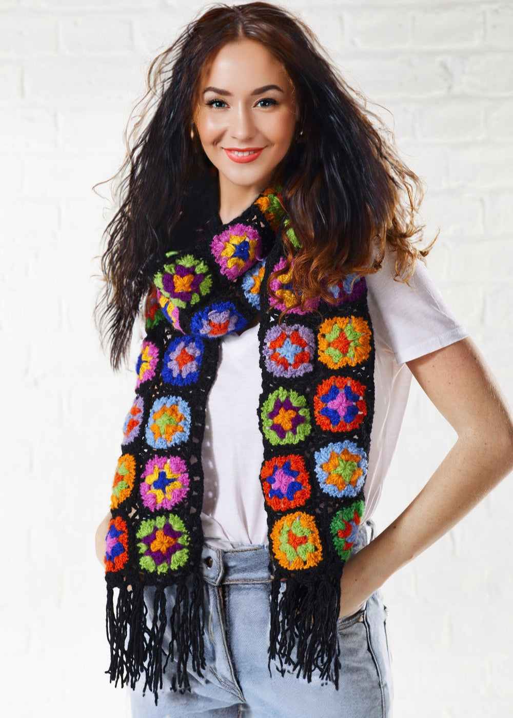 Black Crochet Scarf Multi Colour Granny Pattern