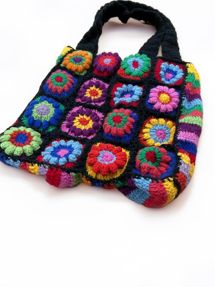 Wool Crochet Rainbow Black Bag 46 cm x 44 cm