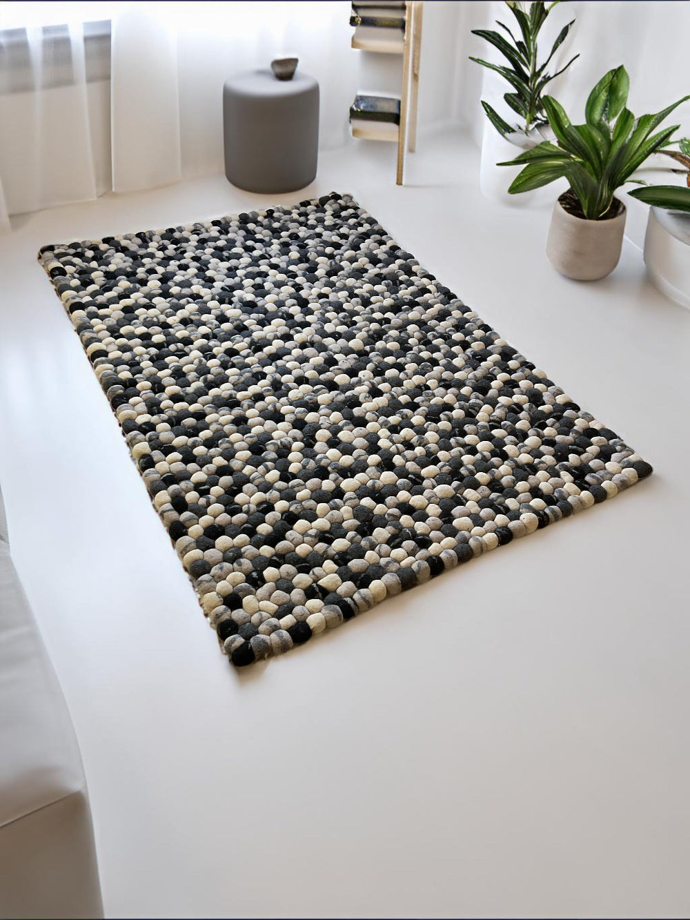 Black and White Wool Felt Ball Rectangle Rug 130 cm x 190 cm