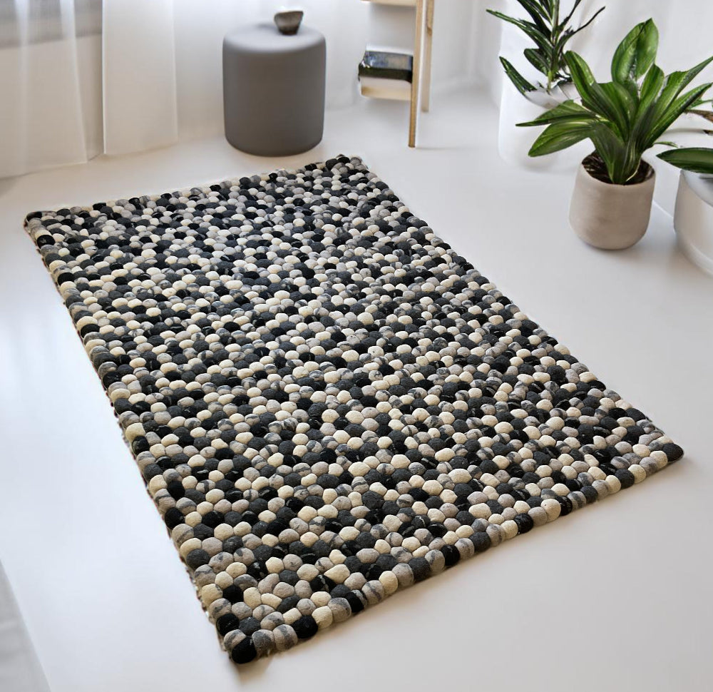 Black Grey and White Pom Pom Rug