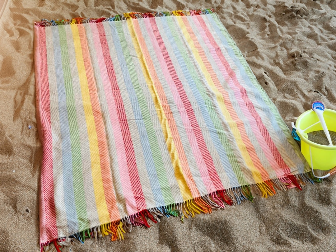 The Meadow Picnic Rug:  Rainbow Grey Stripe Soft, Waterproof, & Easy to Carry