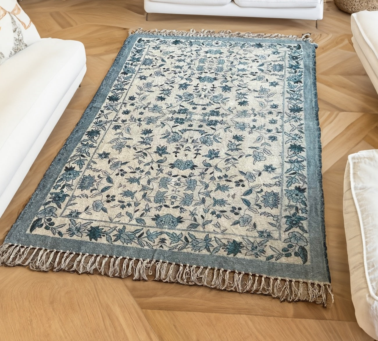 Devora Digital Rug Natural Cotton Digital Print Rug Ethnic Design Blue Floral Pattern 120 ...