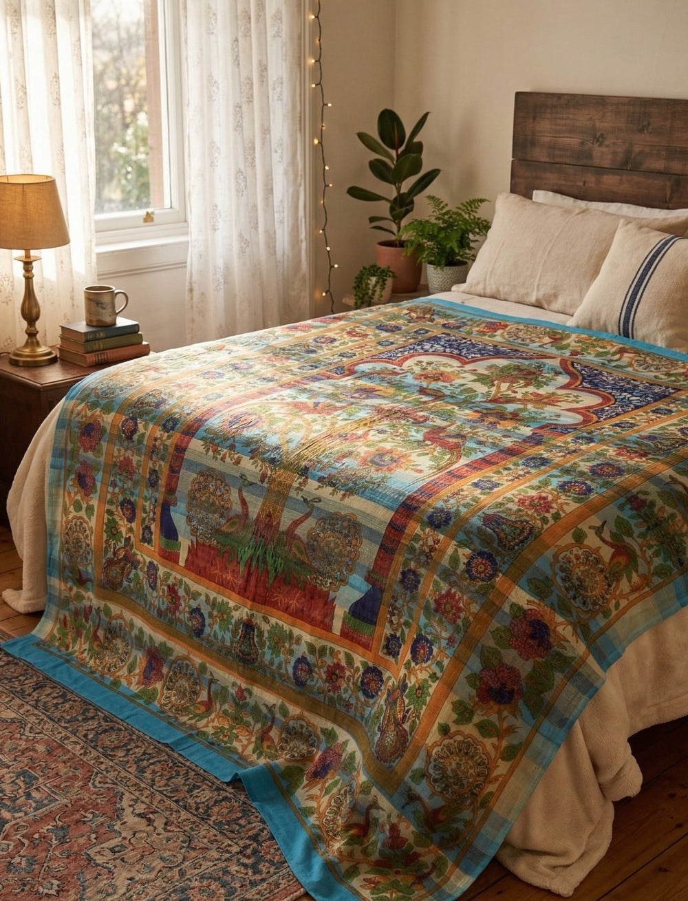 Colourful quilt on a bed in a bedroom with a lamp and plants.