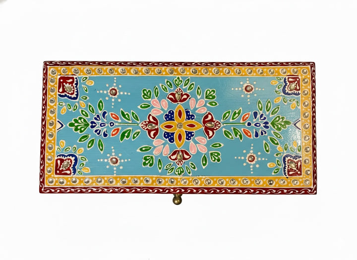 Set of 2 Handmade Indian Blue Floral Jewellery Boxes With Ethnic Design - Hand-Painted Mango Wood Trinket Storage