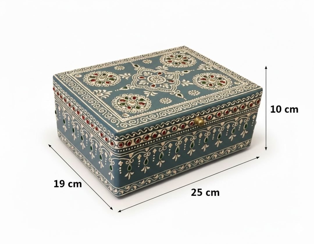 Hand-Painted Indian Mango Wood Jewellery & Keepsake Boxes - Set of 2 (Blue Bohemian)