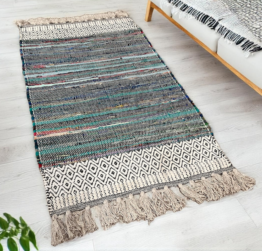 Chenille Rug Geometric Blue Multi Colour Stripes 75 cm x 135 cm