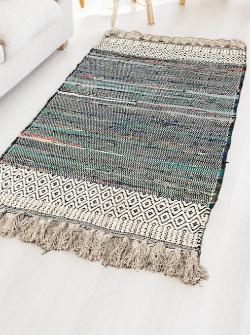 Chenille Rug Geometric Blue Multi Colour Stripes 75 cm x 135 cm