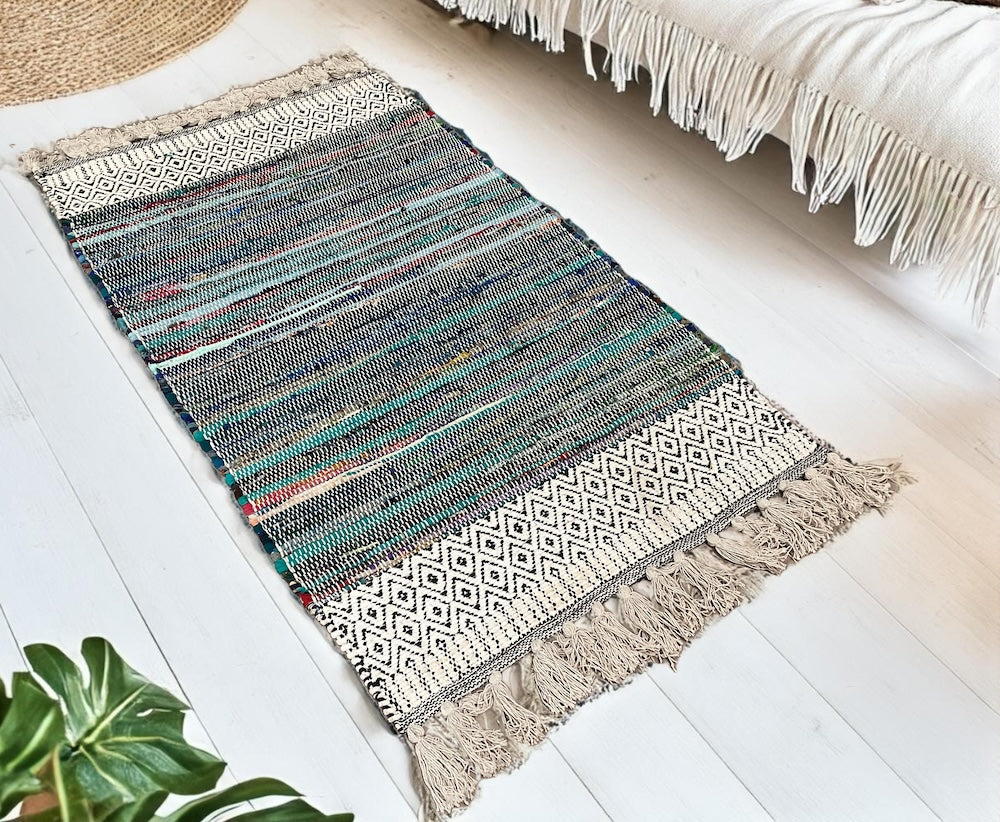 Chenille Rug Geometric Blue Multi Colour Stripes 75 cm x 135 cm