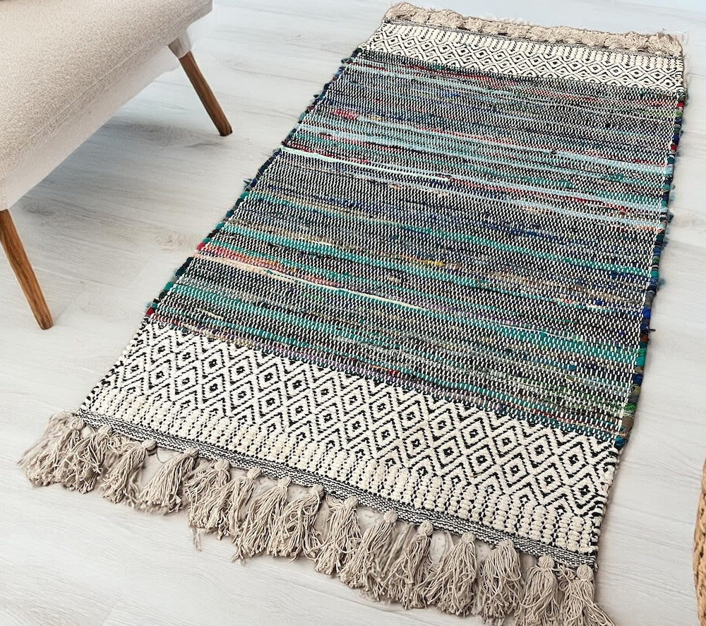 Chenille Rug Geometric Blue Multi Colour Stripes 75 cm x 135 cm