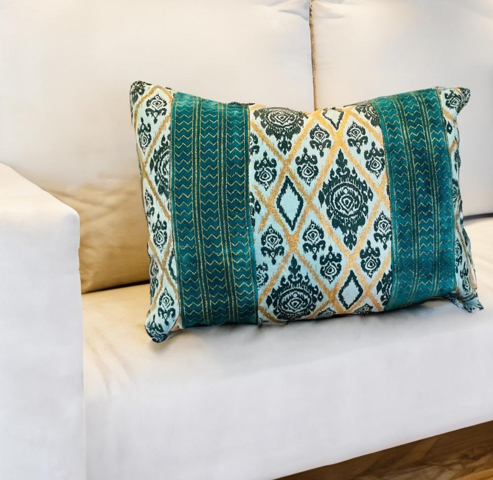 Aqua Blue Handprinted Velvet Cushion Cover Rectangle Indian Design