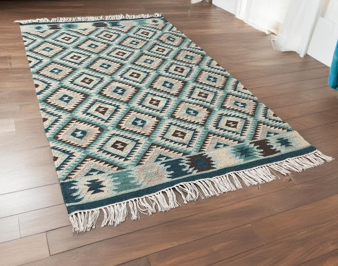 Blue Handloom Kilim Rug Diamond Pattern 120 x 180 cm