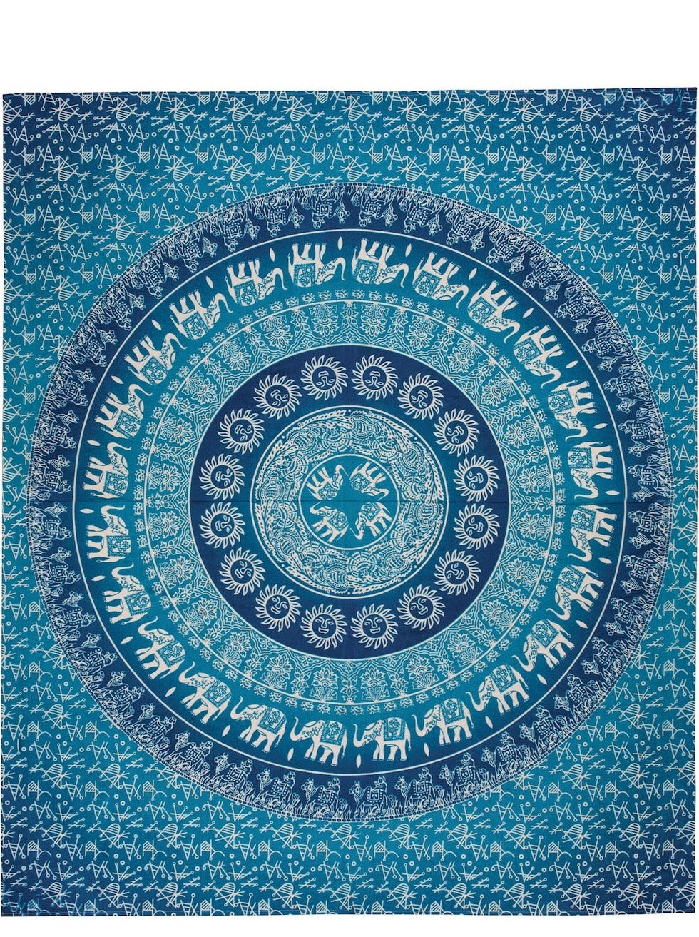 A blue cotton throw featuring a silk-screen printed elephant pattern in a graduated colour ombre effect.