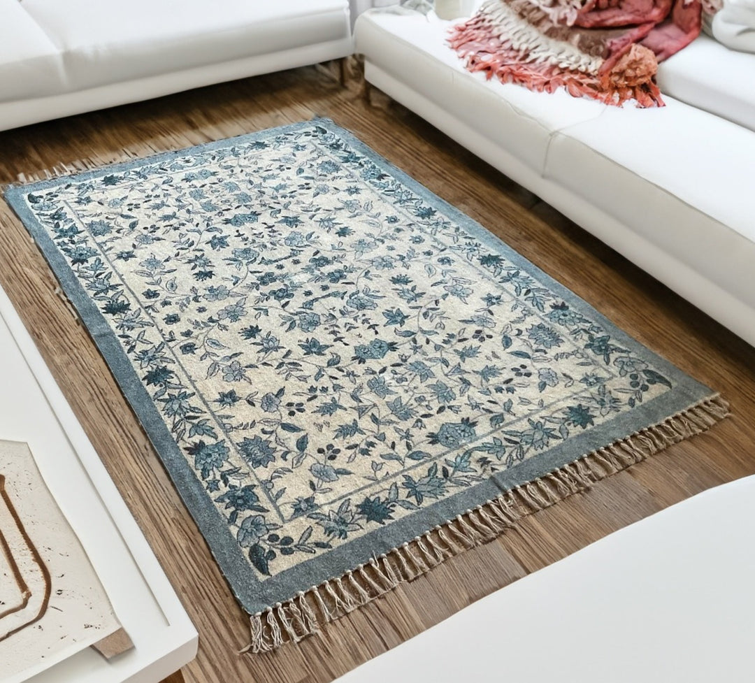 Printable Blue Rug Natural Cotton Digital Print Rug Ethnic Design Blue Floral Pattern 120 ...