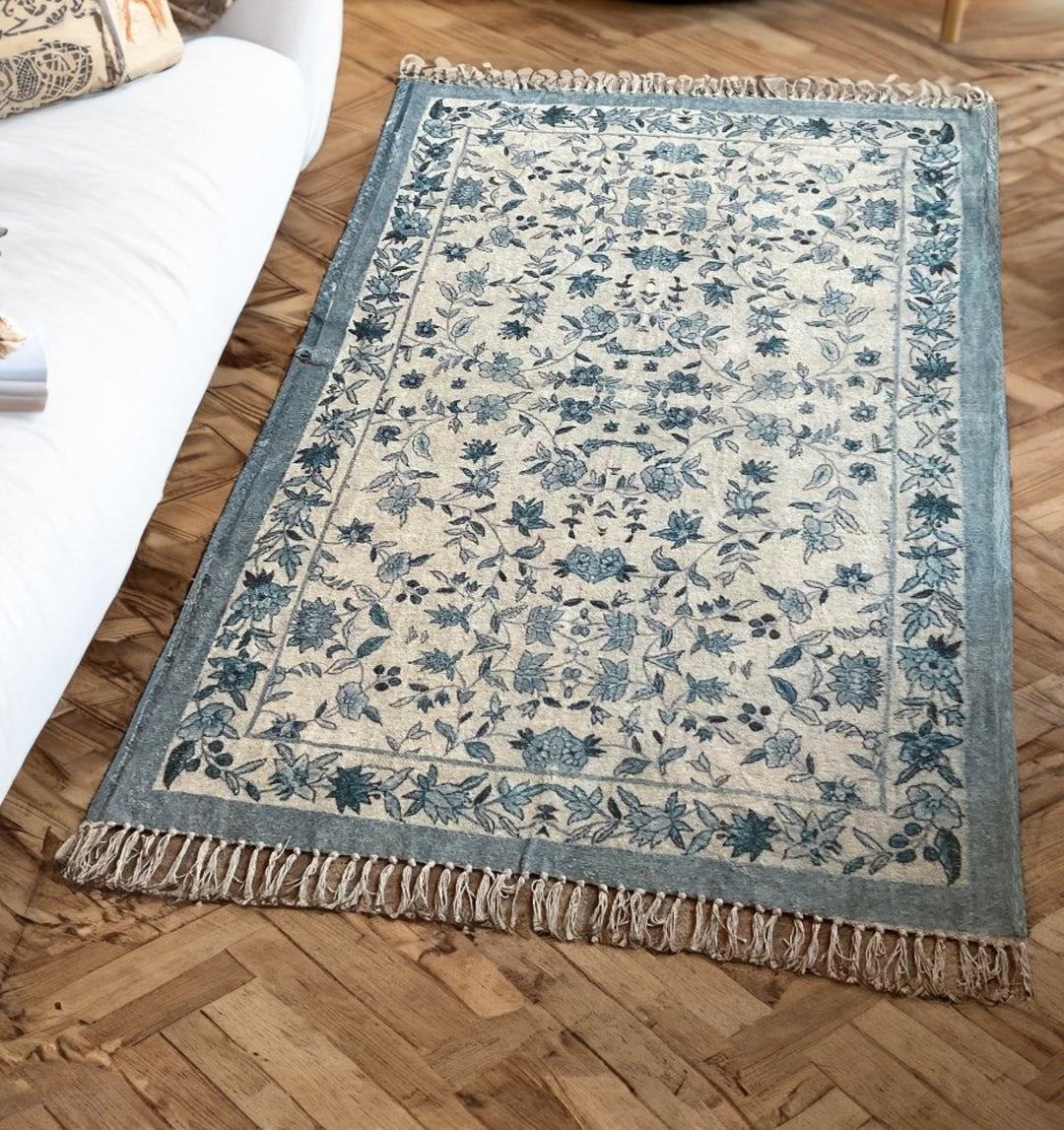 Natural Cotton Digital Print Rug Ethnic Design Blue Floral Pattern 120 ...