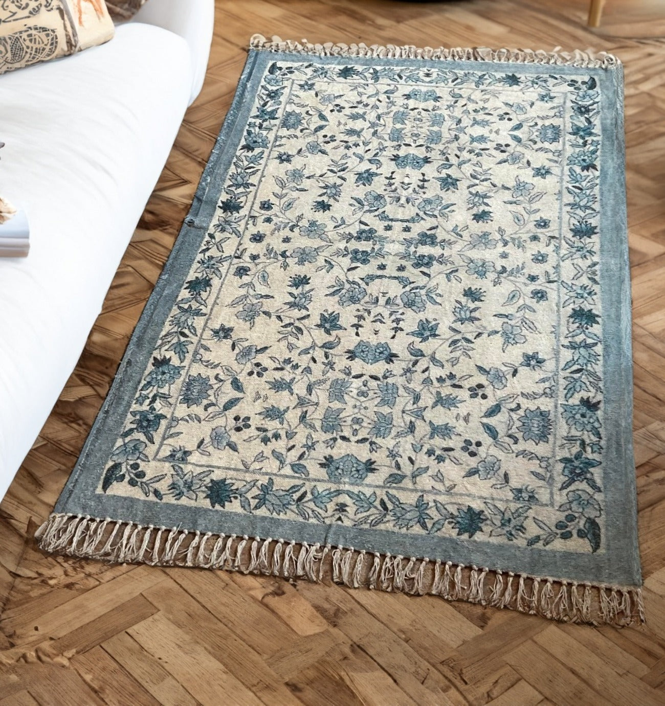 Natural Rug Print Natural Cotton Digital Print Rug Ethnic Design Blue Floral Pattern 120 ...