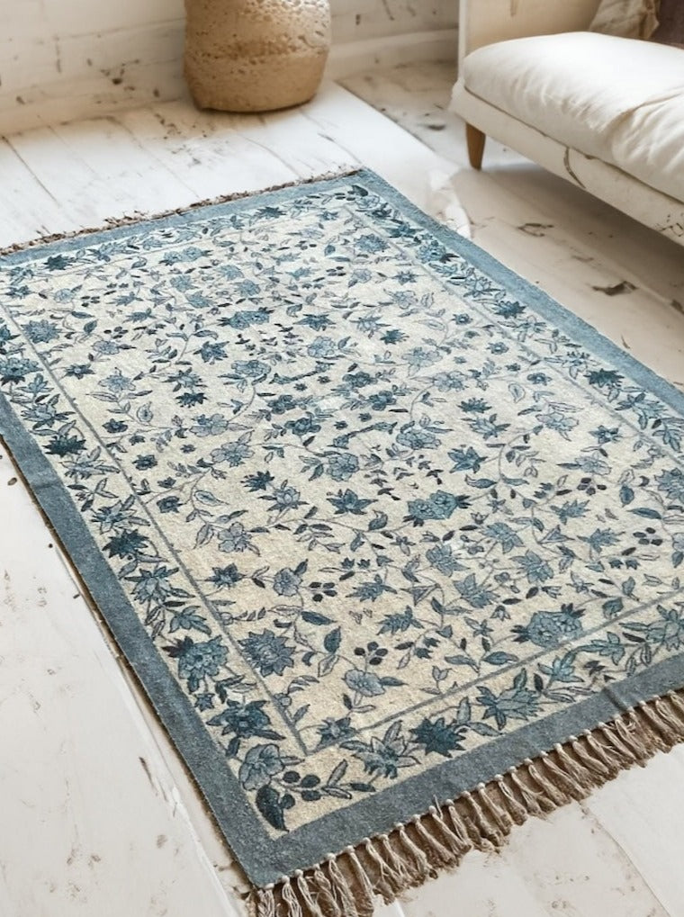 Natural Cotton Digital Print Rug Ethnic Design Blue Floral Pattern 120 ...