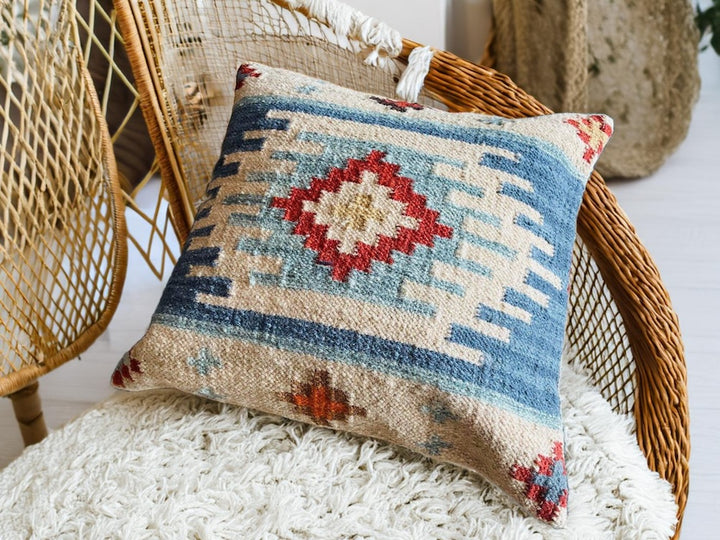 Natural Blue Wool and Cotton Kilim Cushion Covers With a Geometric Pattern 2 Sizes