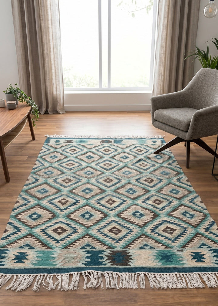 Patterned rug on a wooden floor with a chair and coffee table in the background