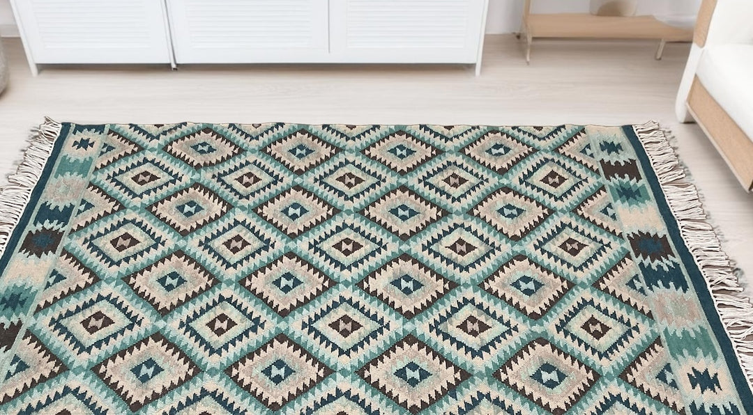 Blue Handloom Kilim Rug Diamond Pattern 120 x 180 cm