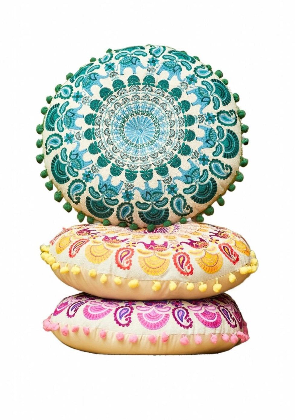 Mandala Yoga Round Cushion With Pom Pom and Elephant Design 3 Colours Available