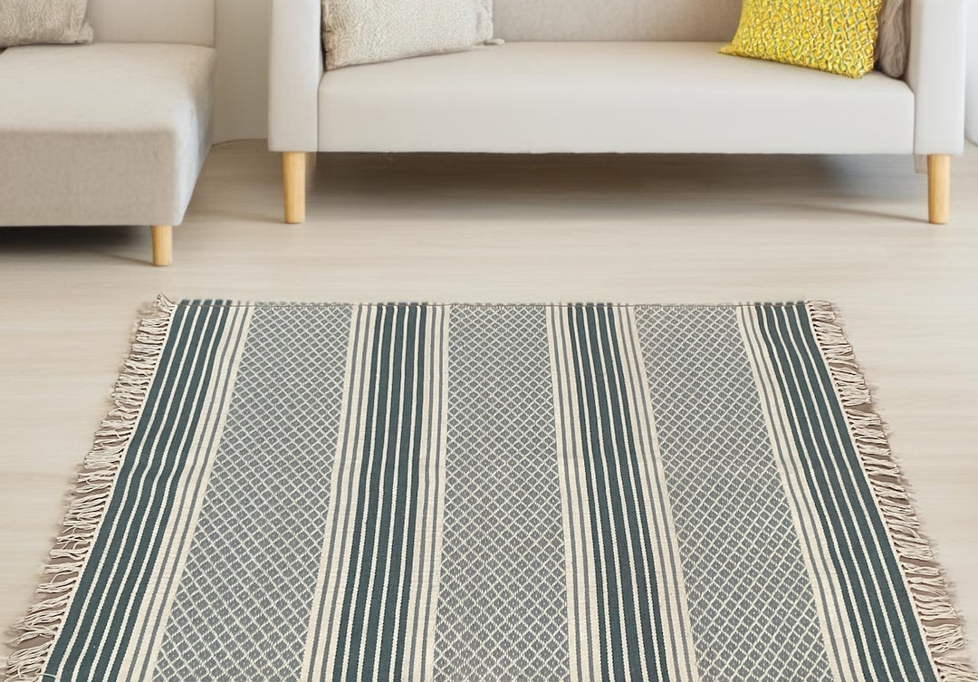 Blue Grey Kilim PET Outdoor Indoor Striped Rug 120 cm x 180 cm