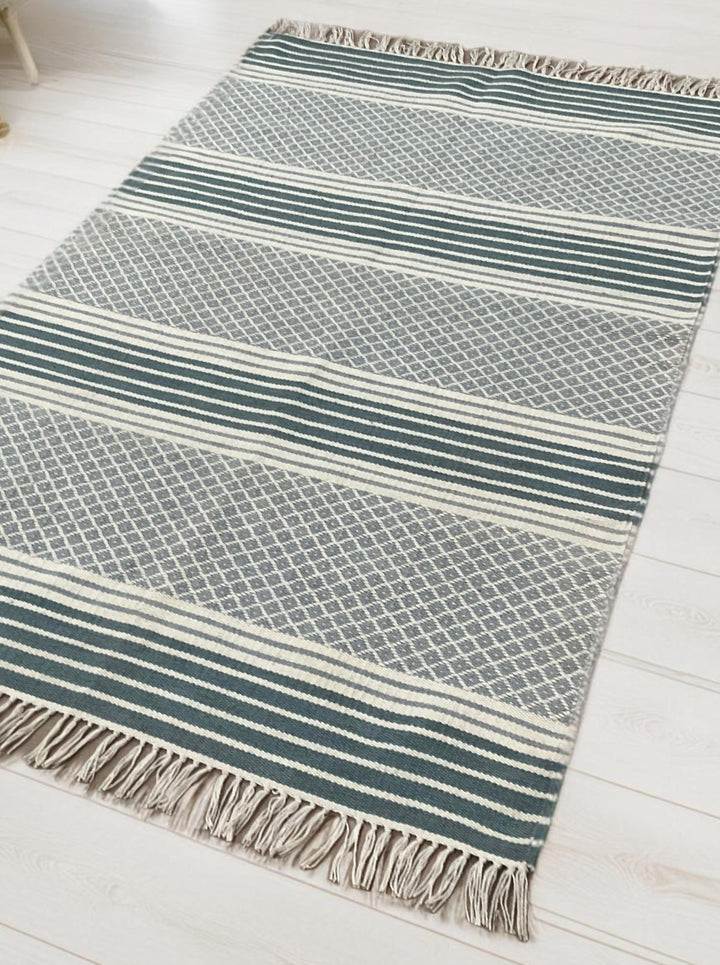 Blue Grey Kilim PET Outdoor Indoor Striped Rug 120 cm x 180 cm