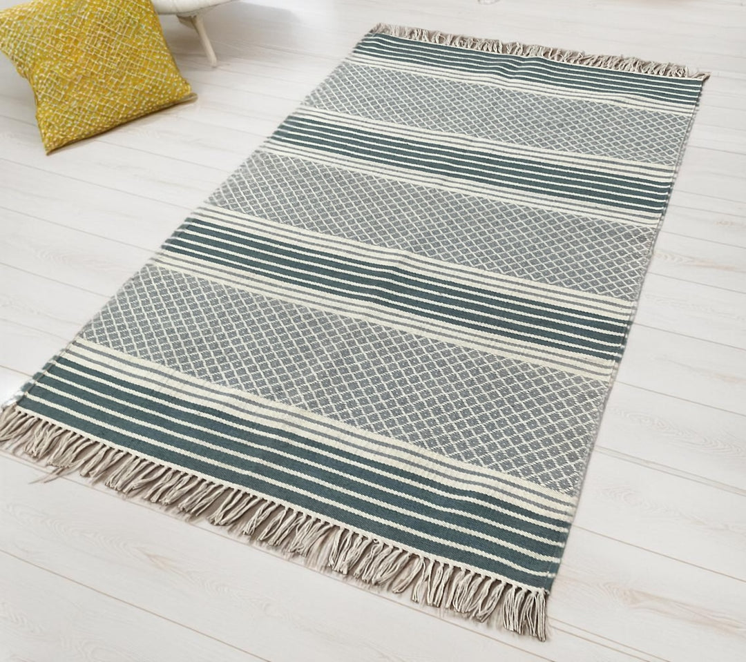 Blue Grey Kilim PET Outdoor Indoor Striped Rug 120 cm x 180 cm