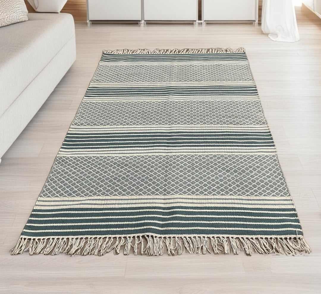 Blue Grey Kilim PET Outdoor Indoor Striped Rug 120 cm x 180 cm