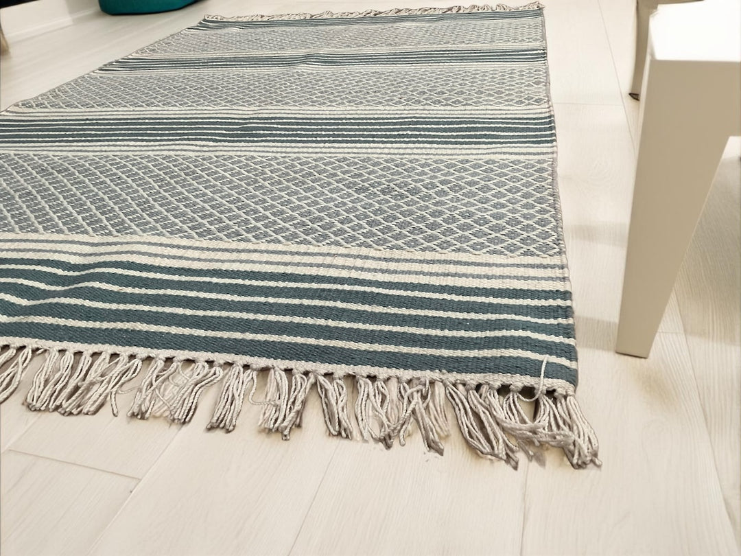 Blue Grey Kilim PET Outdoor Indoor Striped Rug 120 cm x 180 cm