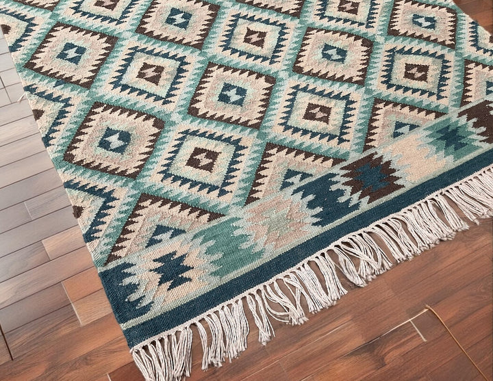 Blue Handloom Kilim Rug Diamond Pattern 120 x 180 cm