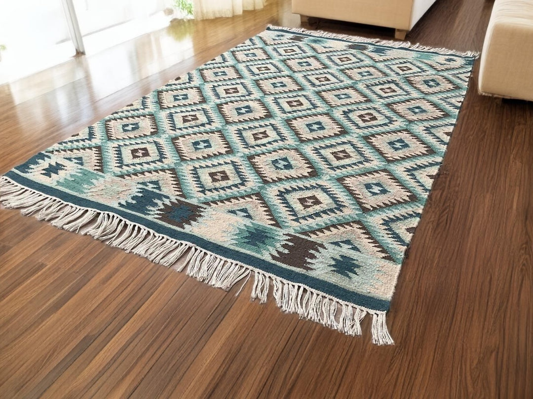 Blue Handloom Kilim Rug Diamond Pattern 120 x 180 cm