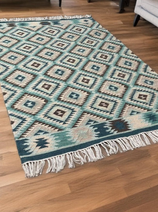 Blue Handloom Kilim Rug Diamond Pattern 120 x 180 cm