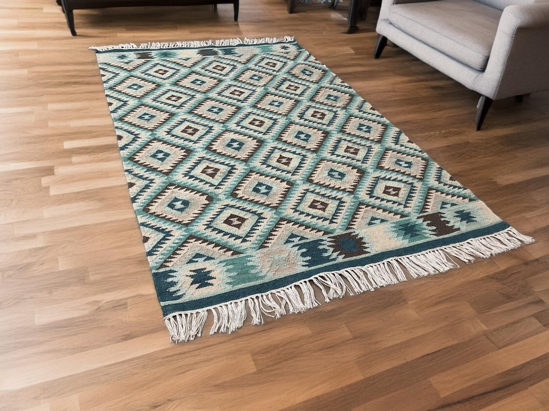 Blue Handloom Kilim Rug Diamond Pattern 120 x 180 cm