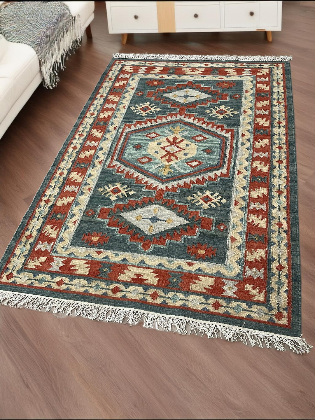 Geometric Kilim Blue Red Multi Colour Rug Handwoven Wool and Cotton 120 cm x 180 cm