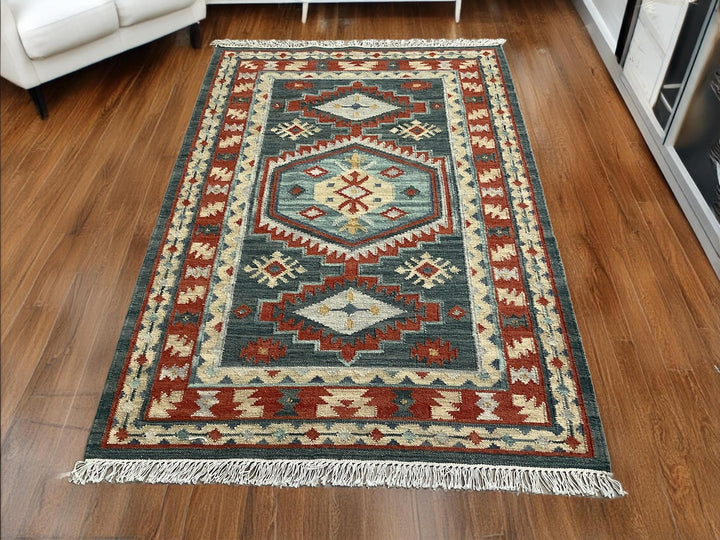 Geometric Kilim Blue Red Multi Colour Rug Handwoven Wool and Cotton 120 cm x 180 cm