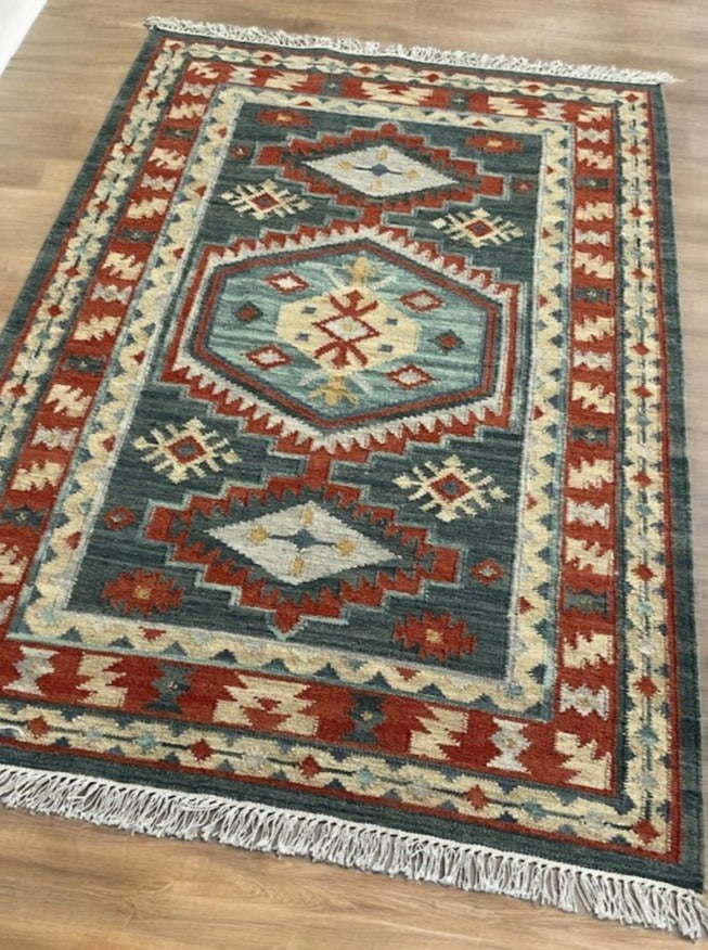 Geometric Kilim Blue Red Multi Colour Rug Handwoven Wool and Cotton 120 cm x 180 cm