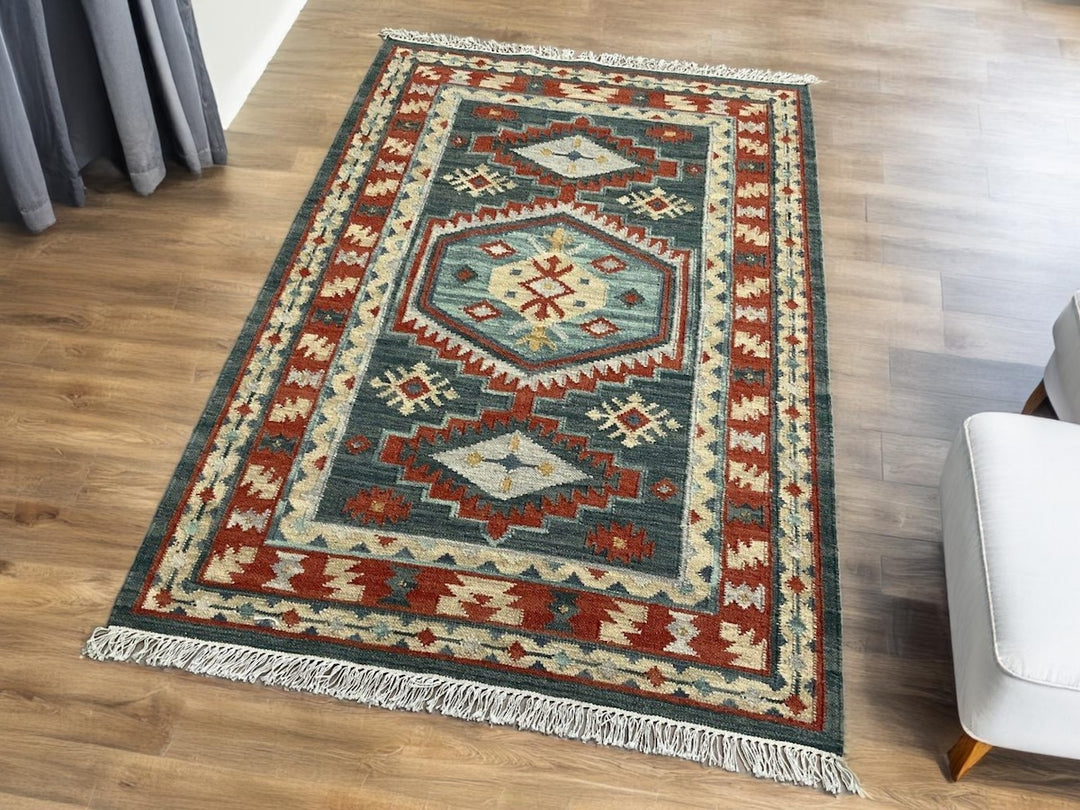 Geometric Kilim Blue Red Multi Colour Rug Handwoven Wool and Cotton 120 cm x 180 cm