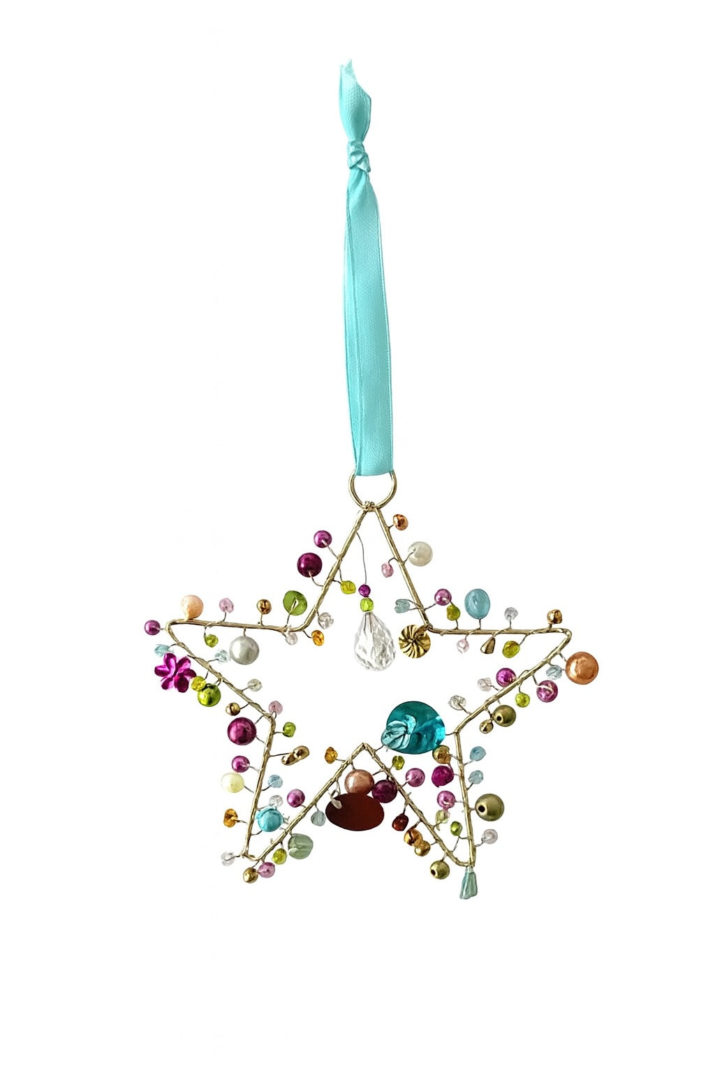 Decorative star ornament with colorful beads and a blue ribbon on a white background