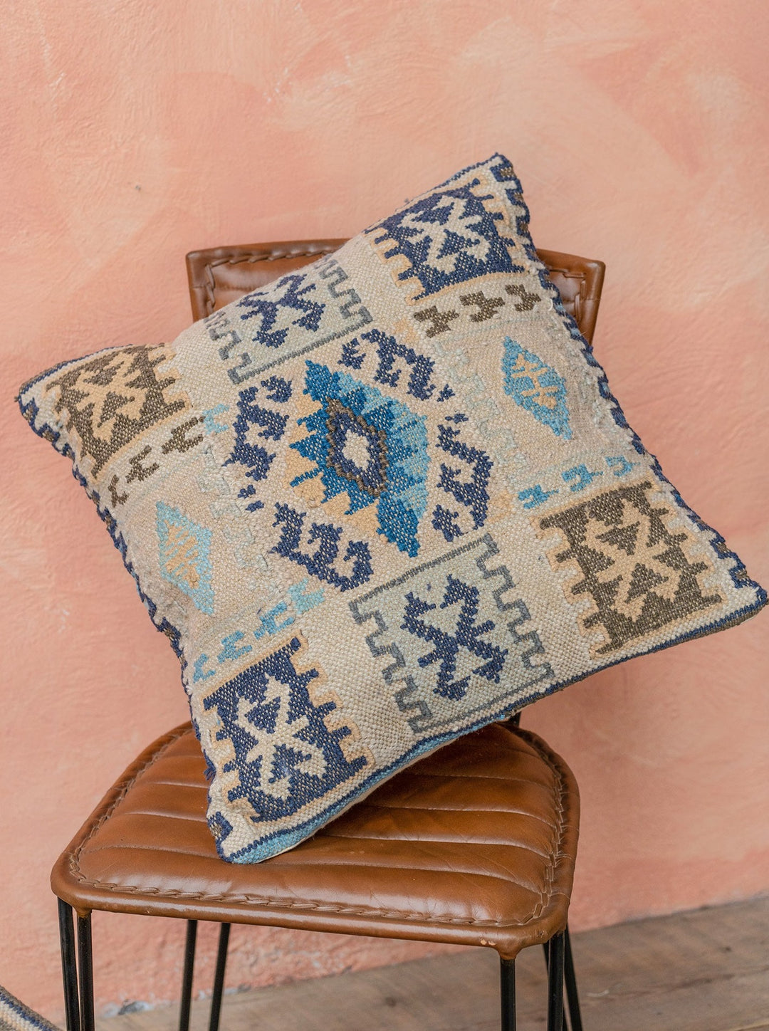 Blue Natural Multi Colour Kilim PET Yarn Cushion Cover 50 cm x 50 cm