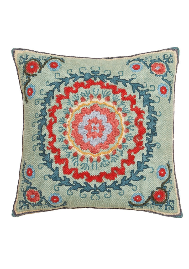 Blue Printed Cushion Cover with Suzani Embroidery, 45 x 45 cm