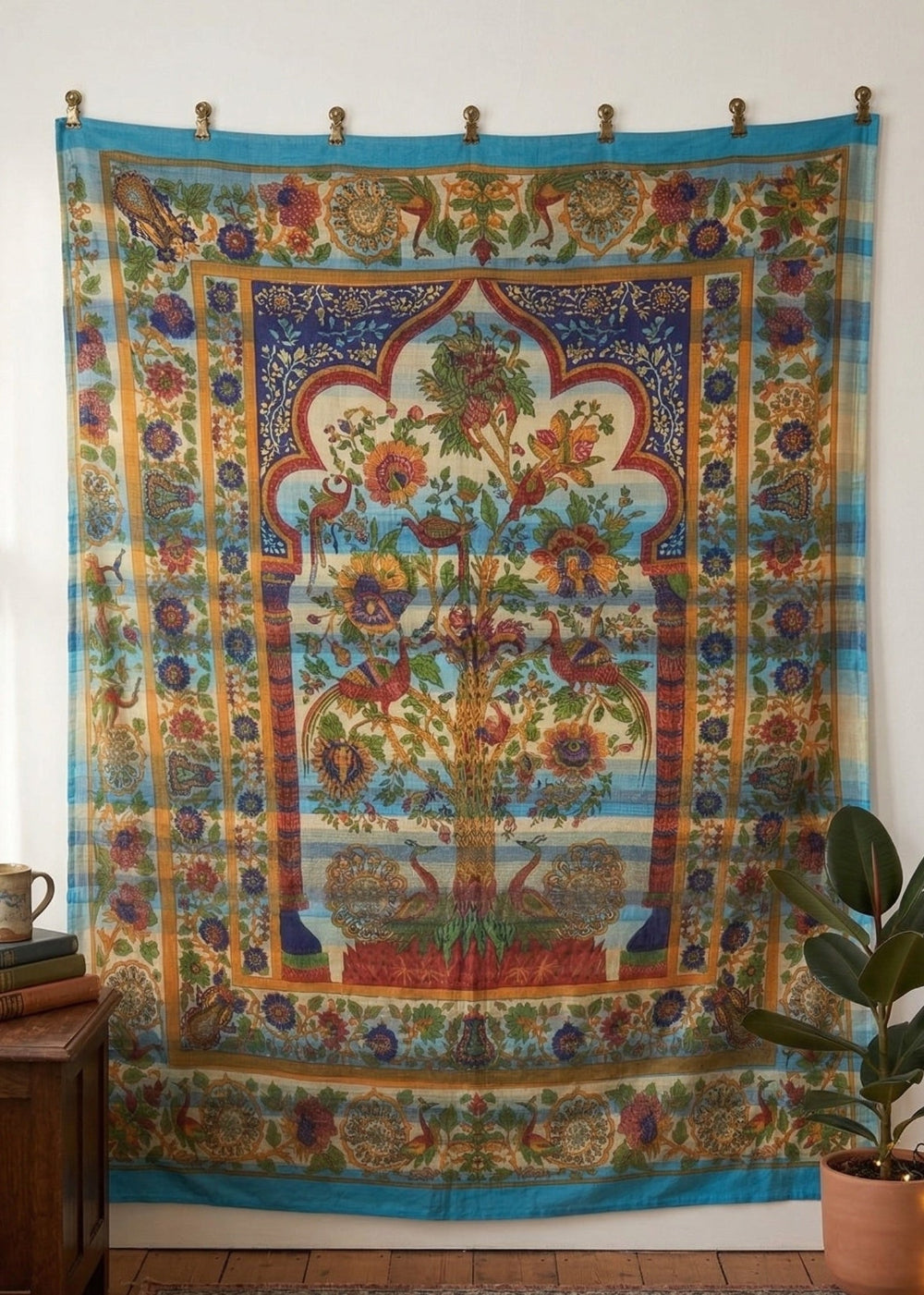 Blue Turquoise Tapestry on a white wall