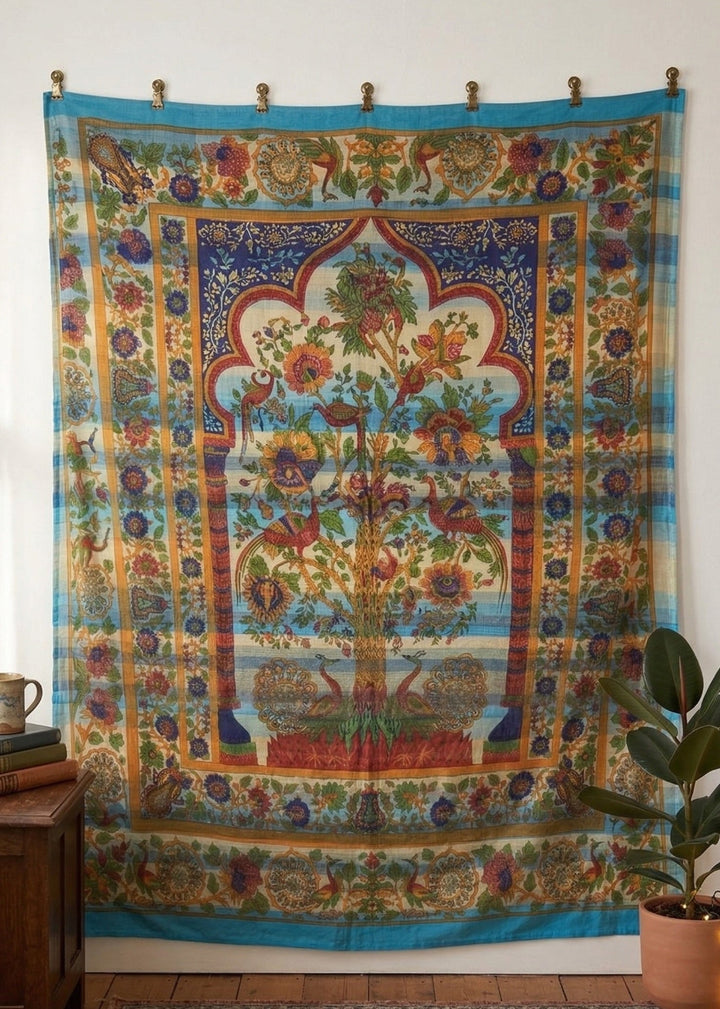 Blue Turquoise Tapestry on a white wall