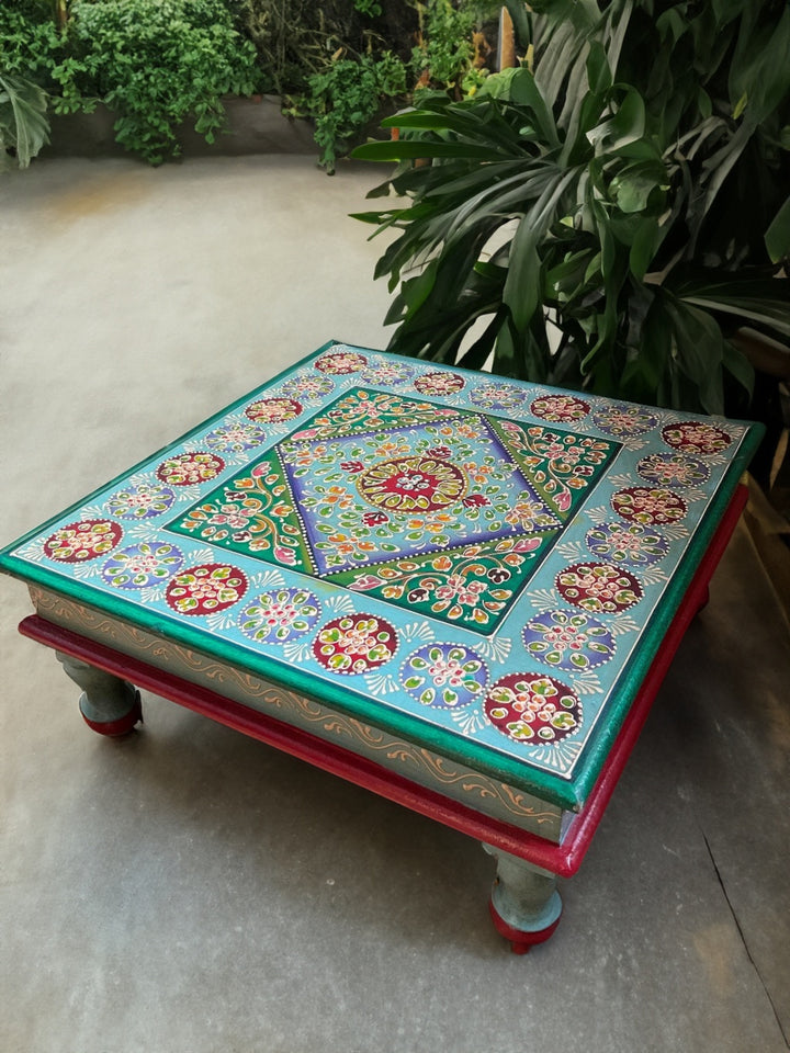 Hand Painted Turquoise Wooden Bajot Coffee Side Table