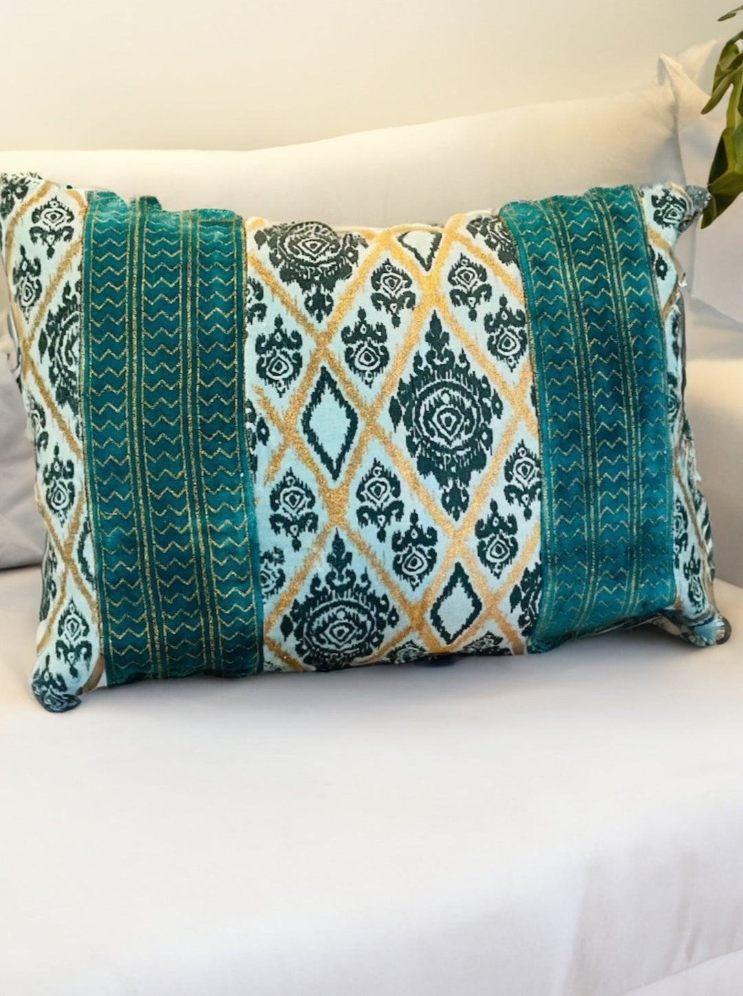 Aqua Blue Handprinted Velvet Cushion Cover Rectangle Indian Design