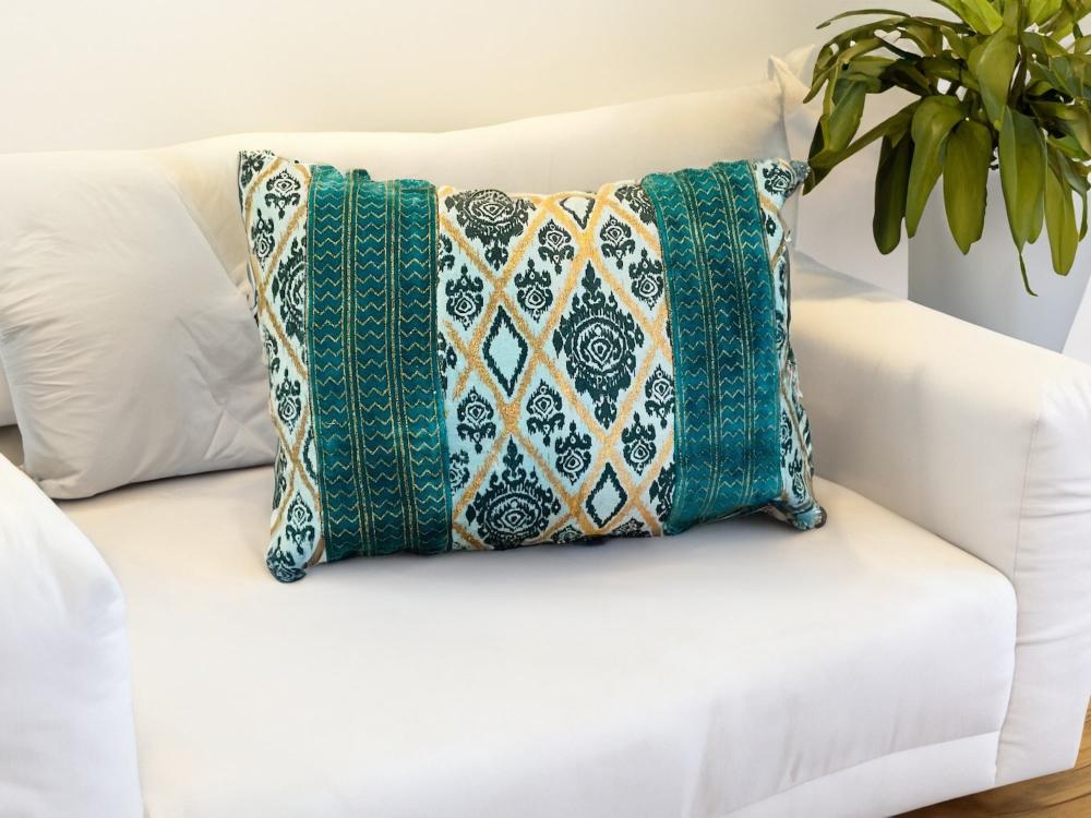 Aqua Blue Handprinted Velvet Cushion Cover Rectangle Indian Design